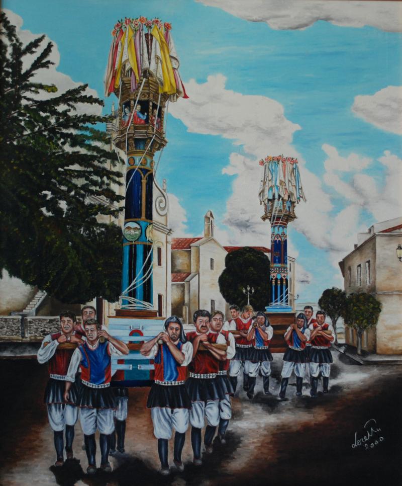 L'uscita dei Candelieri a Ploaghe con i portantini in costume