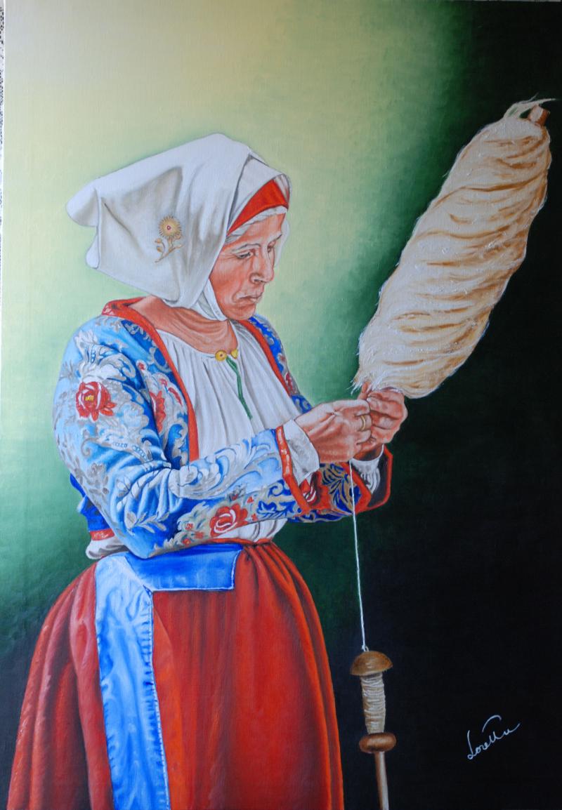 Donna che fila la lana, costume di Meana Sardo