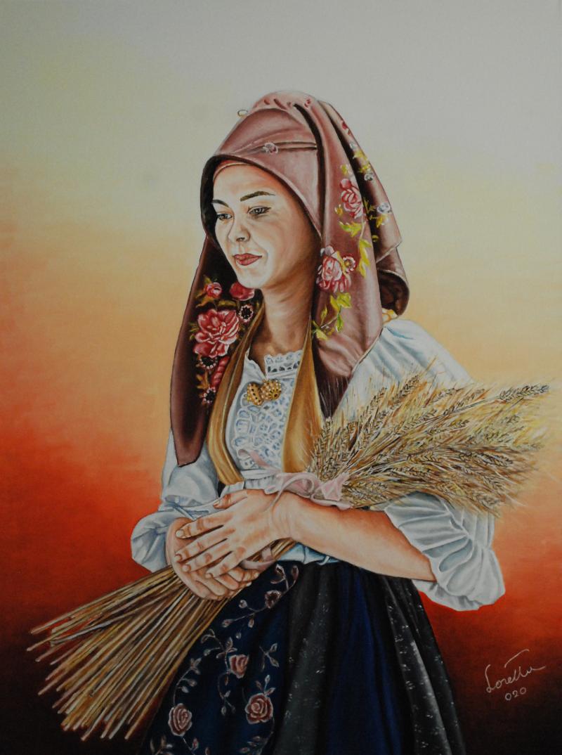 Donna con mazzo di spighe di grano