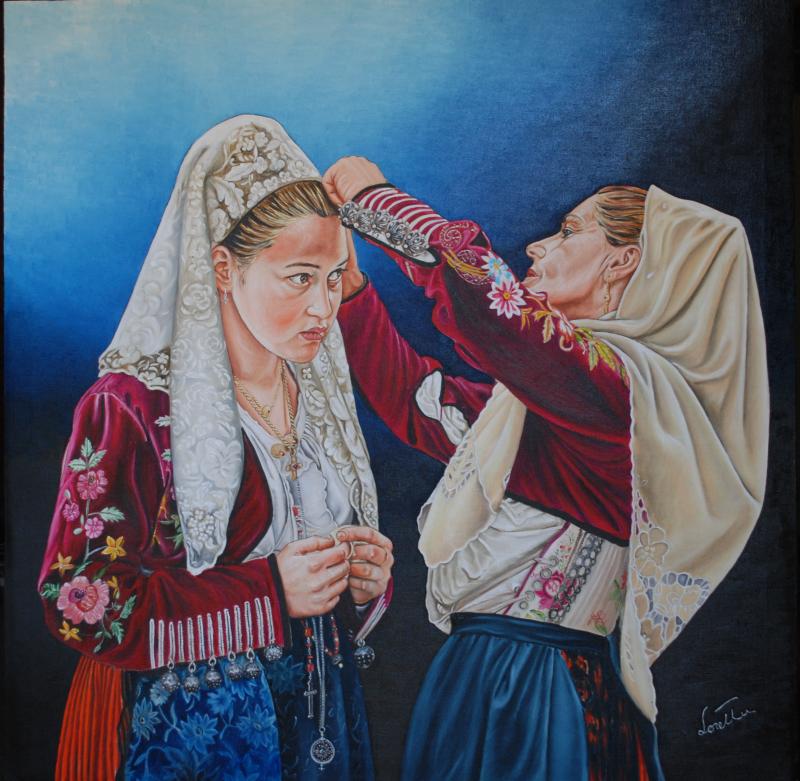 Preparativi prima della sfilata, donne col costume di Siligo