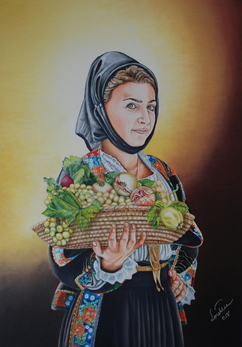 Donna con cesto di frutta, costume di Padru